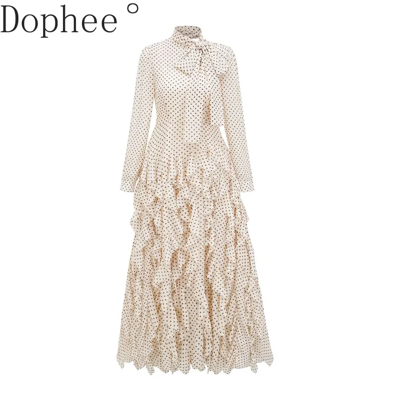 

2025 New Spring Fashion Lady Party Gown Dress Elegant Bow Round Dot Printed Mopping Floor Formal Dress Women Full Sleeve Dresses
