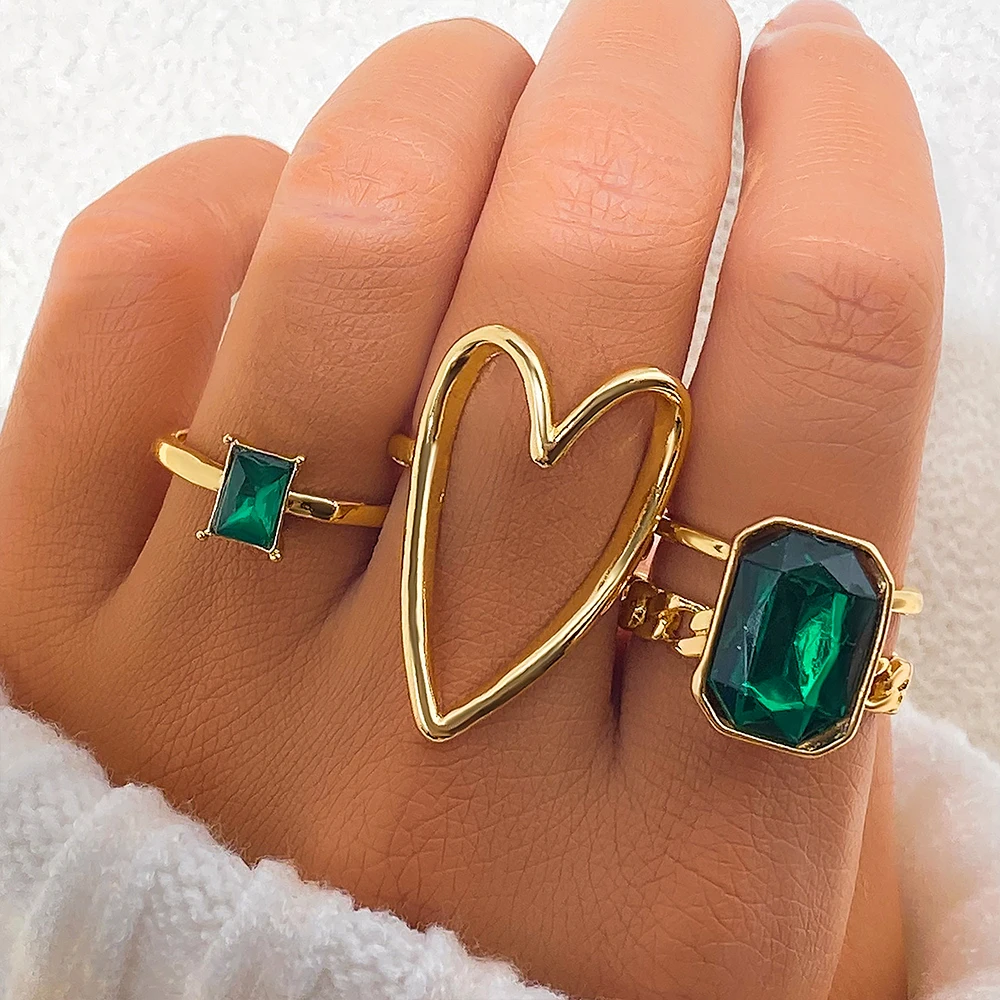 IFMIA Fashion Big Hollow Heart Green Crystal Rings Set For Women Bohemian Geometric Square Ring Party Wedding Jewelry