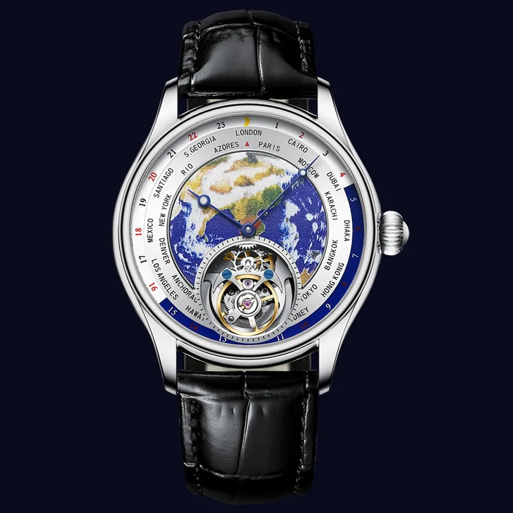 AESOP Real Tourbillon Mechanical Luxury Watch Mens Earth Dial Enamel Sapphire Waterproof  Watches For Man Skeleton With Diamond