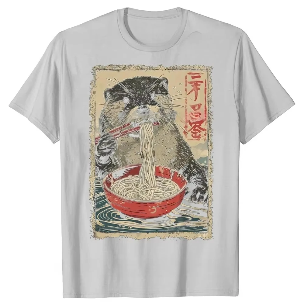 Funny Otter Eating Ramen Anime Graphic T-shirts Women's Fashion Casual Tshirt Shirt Summer Aesthetic Clothes Personality Y2K