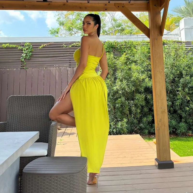 One-Shoulder Pleated Hollow Women's Prom Skirt High Split Backless Long Evening Dress Yellow Sleeveless Party Gown New Design