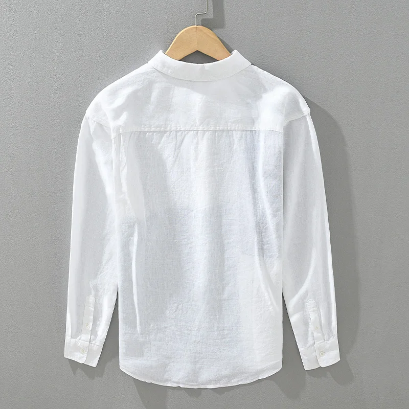 100% Linen Long Sleeve Shirt for Men Loose Shirts No Bounce Fashion Patchwork Men\'s Clothing