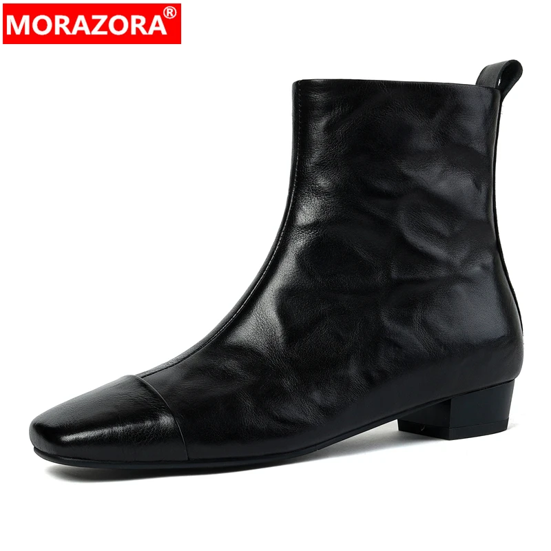 

MORAZORA 2025 New Genuine Leather Boots Women Zipper Square Toe Low Heels Handmade Retro Ankle Boots Autumn Winter Fashion Boots