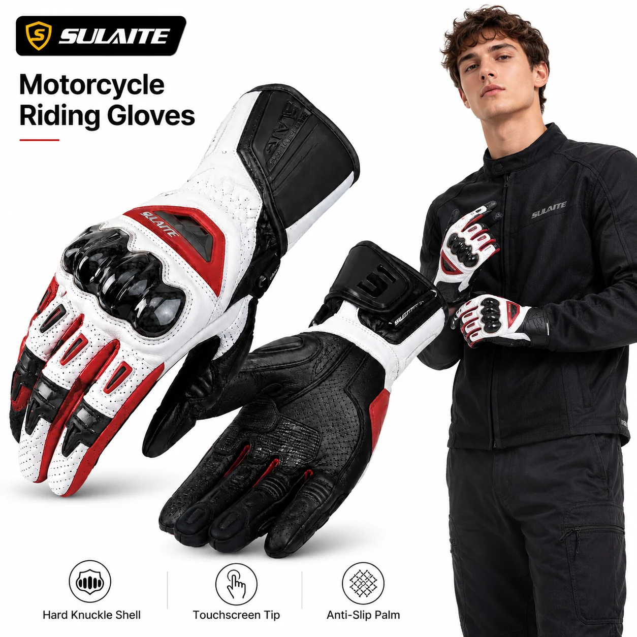 SULAITE Summer Motorcycle Gloves Full Finger Breathable Touchscreen Anti-Slip Palm Wear Resistant Riding Motocross Gloves