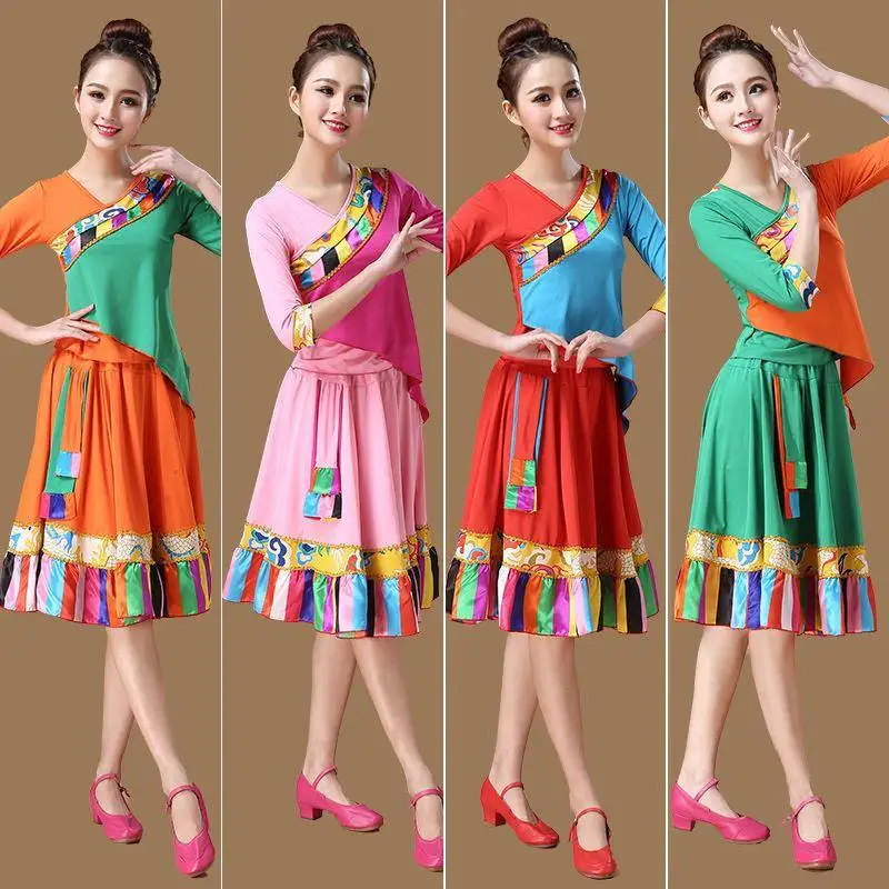 new-2026-tibetan-ethnic-dance-costume-women's-square-dance-ensemble-mid-sleeve-top-performance-skirt-two-piece-set