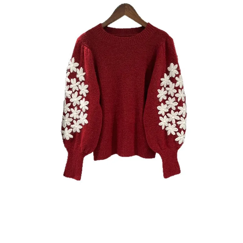 【Gift Free】2025 Autumn Winter Fashion 3D Floral Crochet Puff Sleeve Solid Color Round-Neck Pullover Knit Sweater for Women