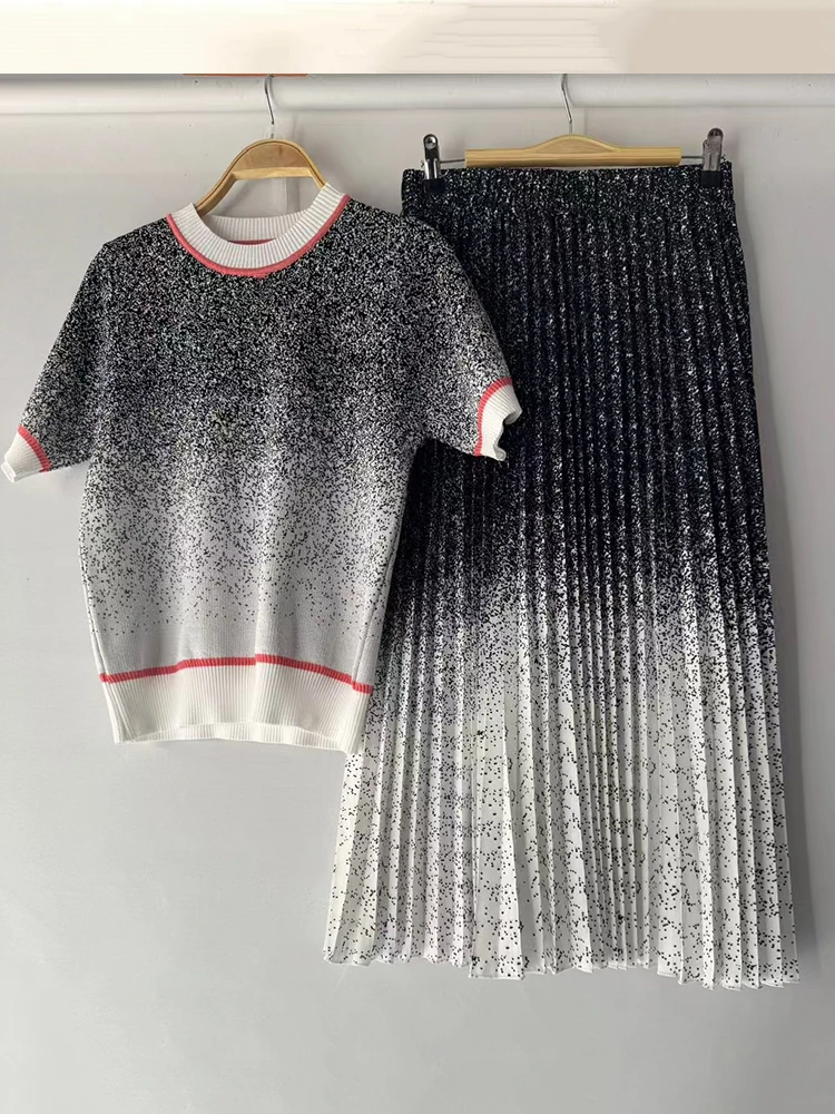

Лето 2022, женский эластичный вязаный шерстяной пуловер в стиле ретро, комплект из двух предметов + свободная плиссированная юбка, модный комплект