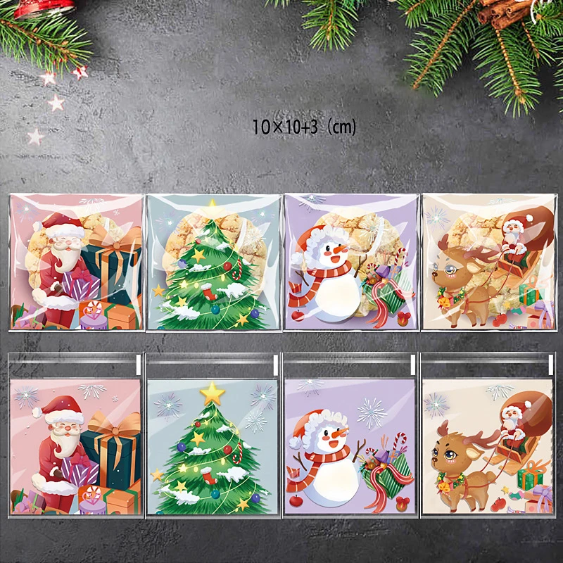 100pcs Christmas Candy Cookie Bags Cartoon Santa Claus Biscuit Gift Packaging Bag 2024 Merry Xmas Navidad Party Favor Supplies