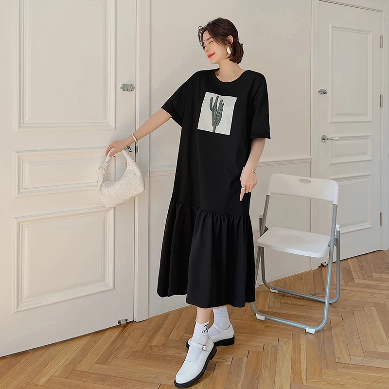 T-shirt coupe ample pour femmes, longueur aux genoux, jupe trapèze, ort Sve, ourlet Patchwork, rue, tricoté, été 2024