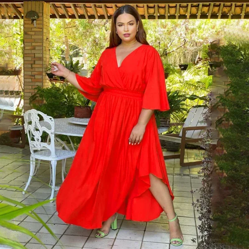 Kexu plus size feminino cintura alta com decote em v grande balanço ruched lado maxi vestido longo 2024 nova primavera elegante moda vestidos sólidos