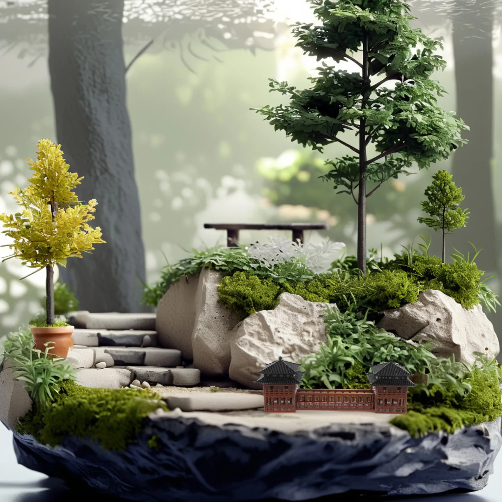 Chinese Miniature Architectural Bonsai Ornament Terrarium Landscape Decor Zen Pavilion Sculpture Meditation Accessory