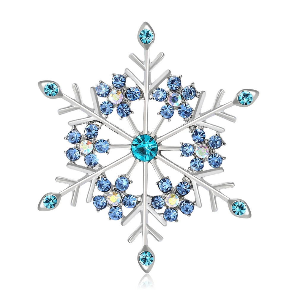 Exquisite Blue Crystal Snowflake Brooch Silver Tone Rhinestone Pin Winter Christmas Women Suit Lapel Fashion Jewelry