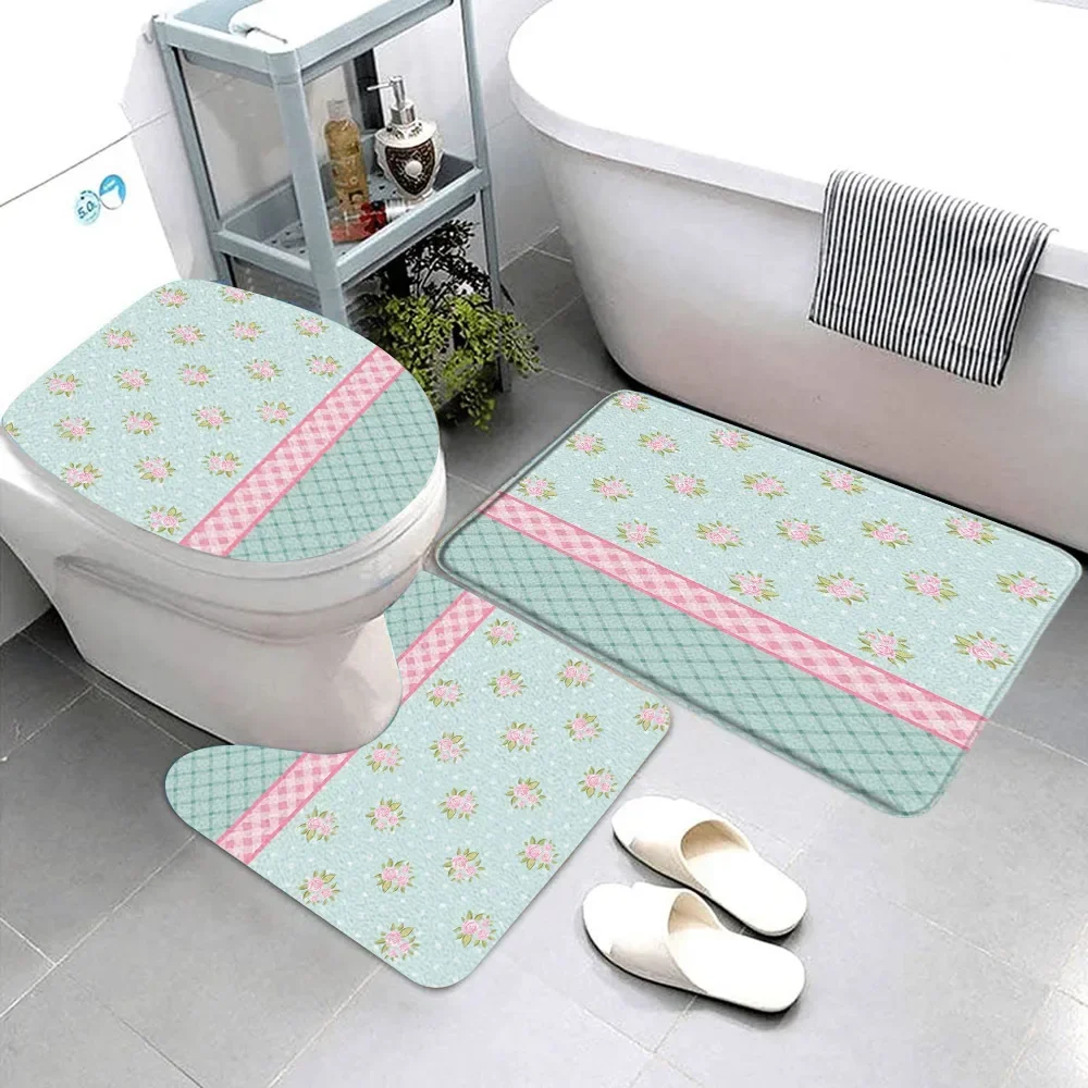 3 Pcs Pretty Pink Bow Bathroom Rug Set Ribbon Stripe Polka Dot Floral Pink Blue Love Gift Bath Mat Toilet Cover Bathroom Decor