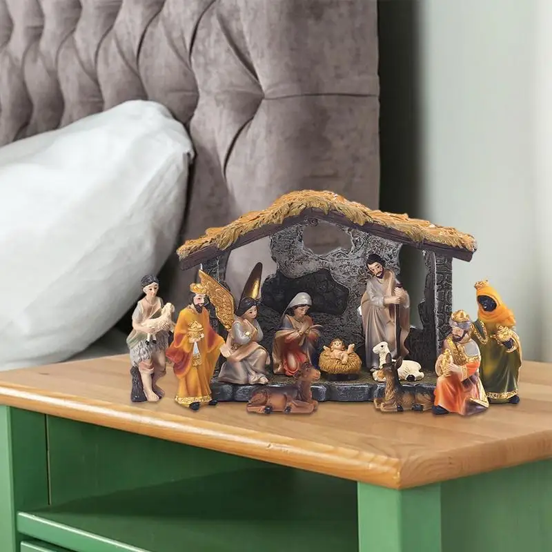 Nativity Scene Sets Set of 12 Resin Tabletop Nativity Set Manger Scene Christmas Indoor Decorations Holy Crafts for Christmas