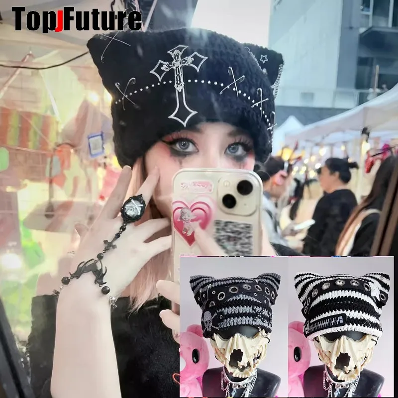 Vrouwen Mannen Hand Maken Lolita Punk Hoed Harajuku Y 2K Meisjes Lange Konijn Oor Gothic Streetwear Cat Ear Caps Steampunk Beanie Hoed