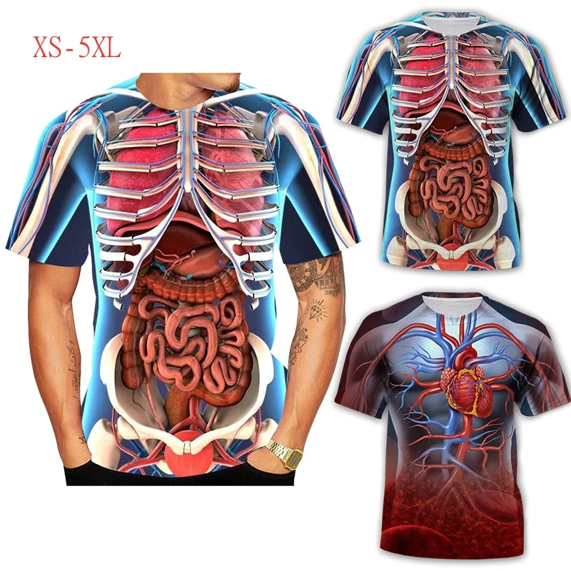 Men's Skeleton Visceral Digestive System 3D Printing T-shirt Summer Short Sleeved Round Neck Unisex Breathable Casual Wear