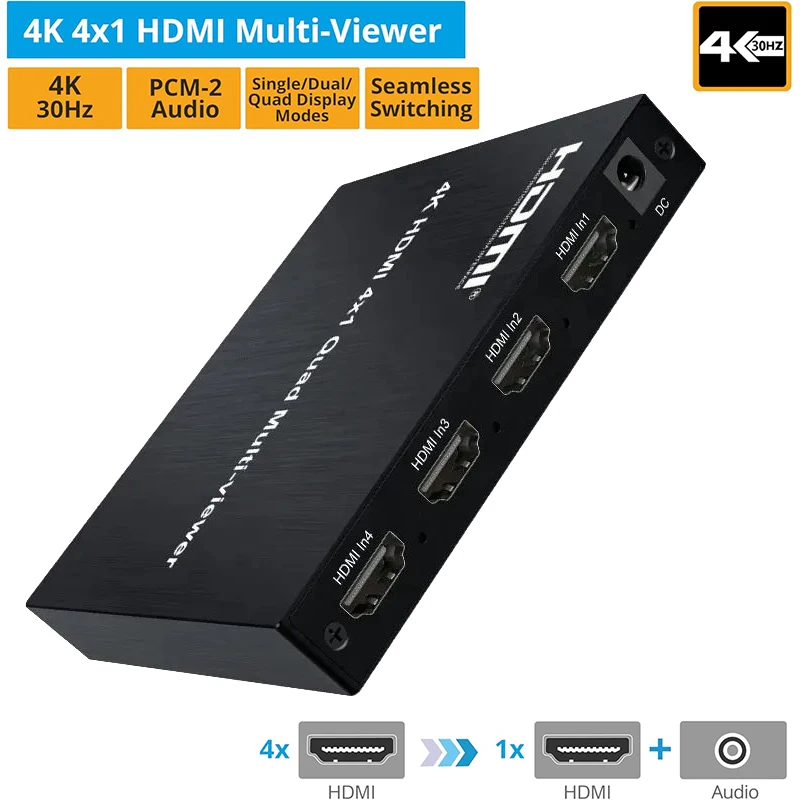 4K HDMI Multi-Viewer 4X1 HDMI Quad Multi-viewer 4K@30hz HDMI Multiviewer 4 in 1 Out Seamless Switch 2 3 4 Screen 7 Display Modes