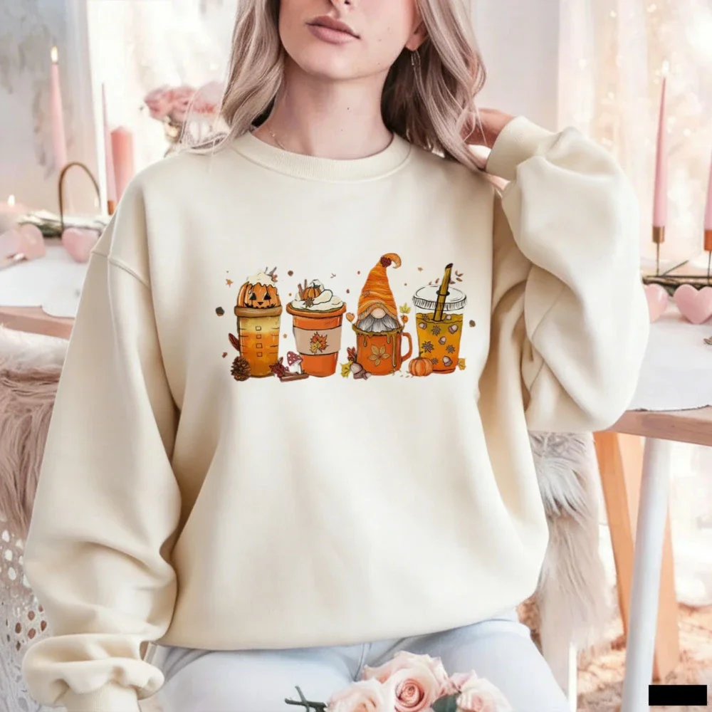 Aesthetic Cozy Pink Gnome Coffee Sweatshirt Hoody Fall Pumpkin Spice Latte Autumn Leaves Graphic Pullover Women Unisex Retro Top view 3