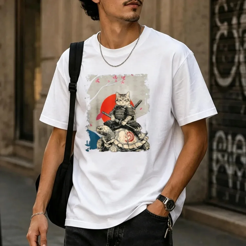 Vintage Oriental Warrior Cat Riding Turtle Cherry Blossom Sun Art T Shirt Unisex cotton Retro Graphic Loose Casual Top