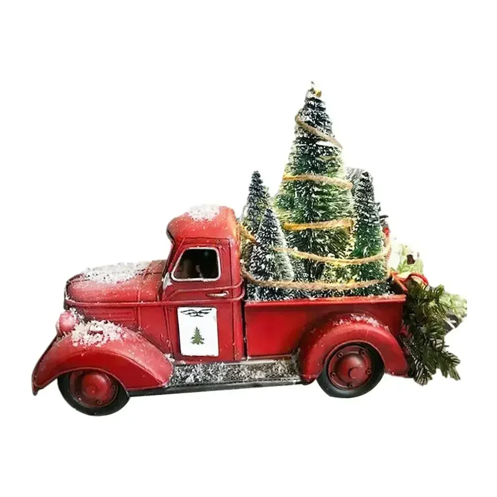 Christmas Vintage Red Truck Toy With Mini Christmas Trees Car Ornament Old Red Metal Pickup Truck Car Model For Christmas Decora