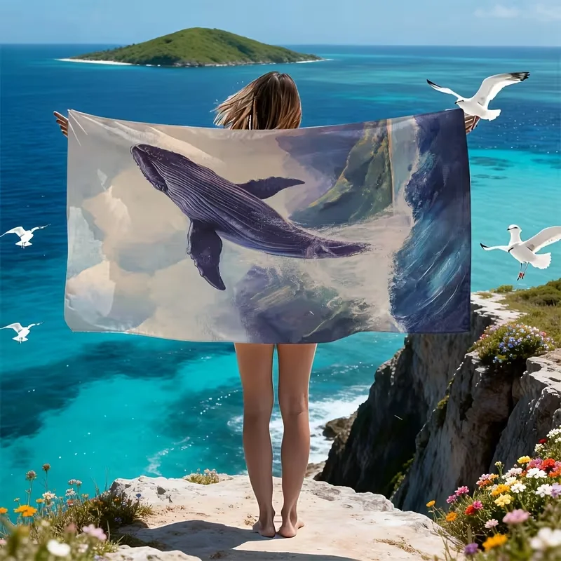 Watercolor Blue Whale Beach Towel Nautical Ocean Art Print Quick Dry Sandproof Absorbent Towel for Beach Summer Vacation