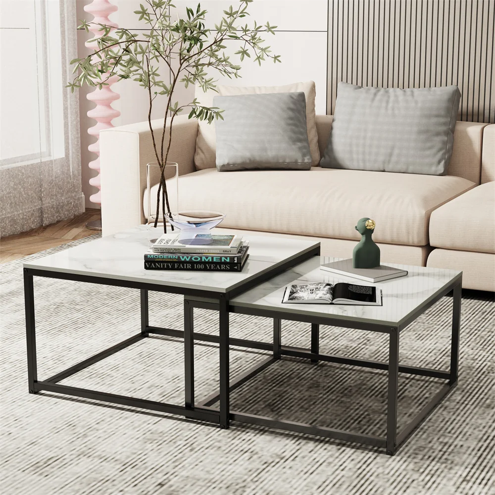 Set Living Room Black Stack-able Accent Tables  Rectangle White Nesting Coffee Table  with Marble Tabletop