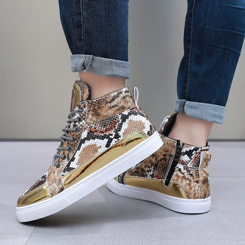 New Fashion Golden Sneakers Men Designer Animal Print Shoes Autumn Luxury Mens High Top Sneakers Hip-Hop Skateboard Shoes Men