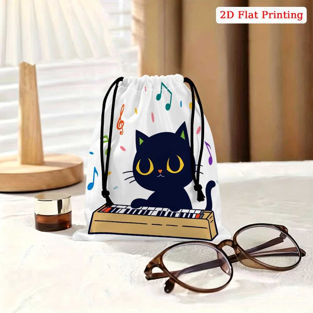 1pc Cartoon Black Cat Playing Keyboard Musical Notes Drawstring Bag White Storage Small pouch For Glasses Cosmetics Accessories