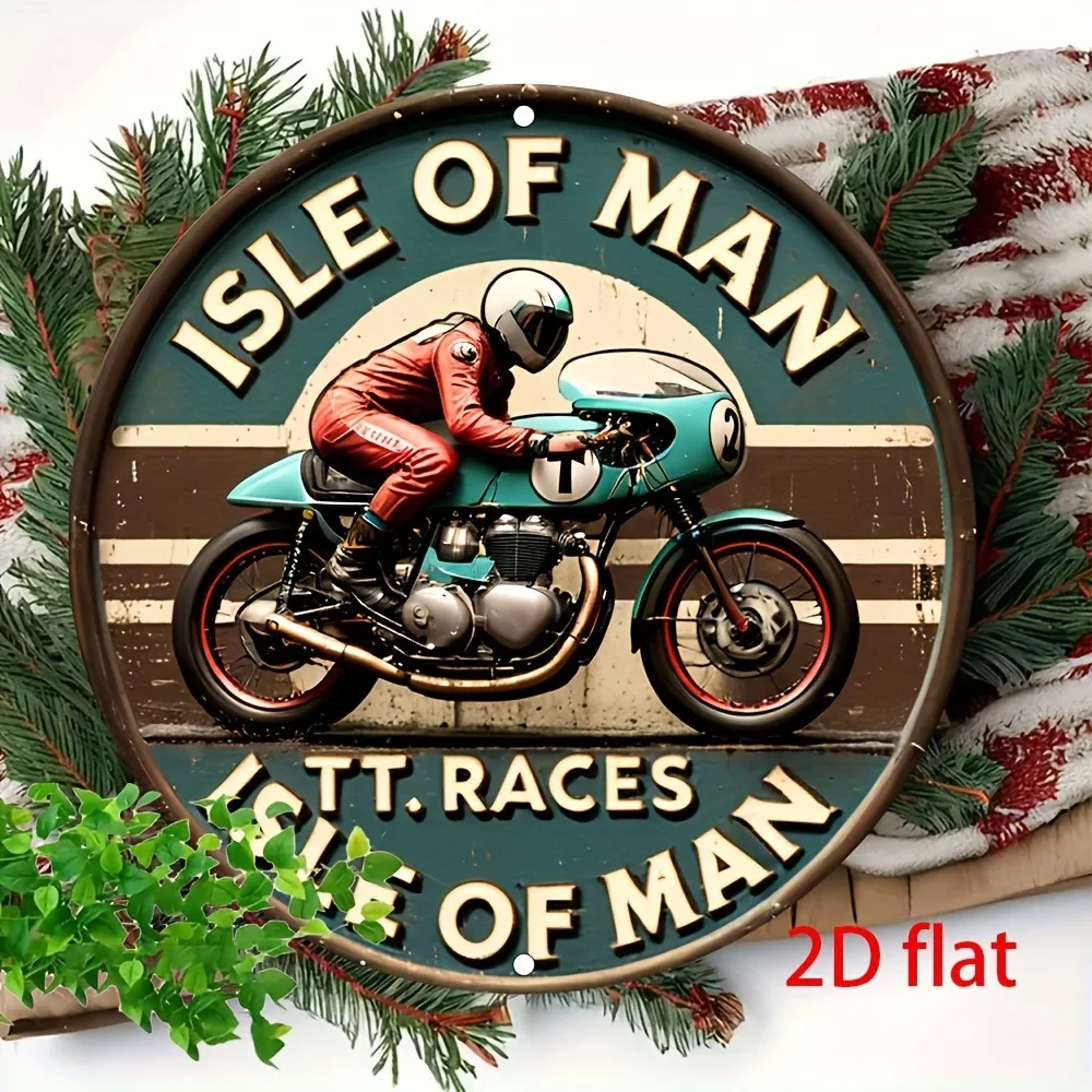 Vintage Isle of Man TT Races 2D ديكور معدني مسطح - لافتة ألومنيوم مستديرة مقاس 8 × 8 بوصة، لوحة موضوع سباق مقهى المرآب