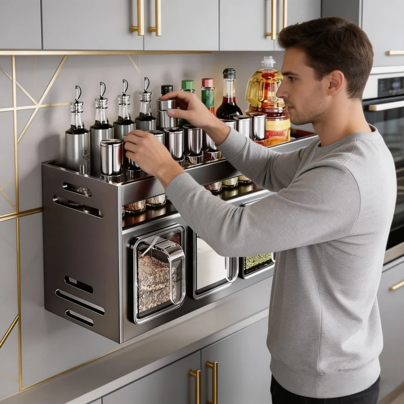 

Home Household Kitchen Spice Rack Wall Mounted Stainless Steel Multi Functional Storage for Jars Bottles Organizador De Cocina
