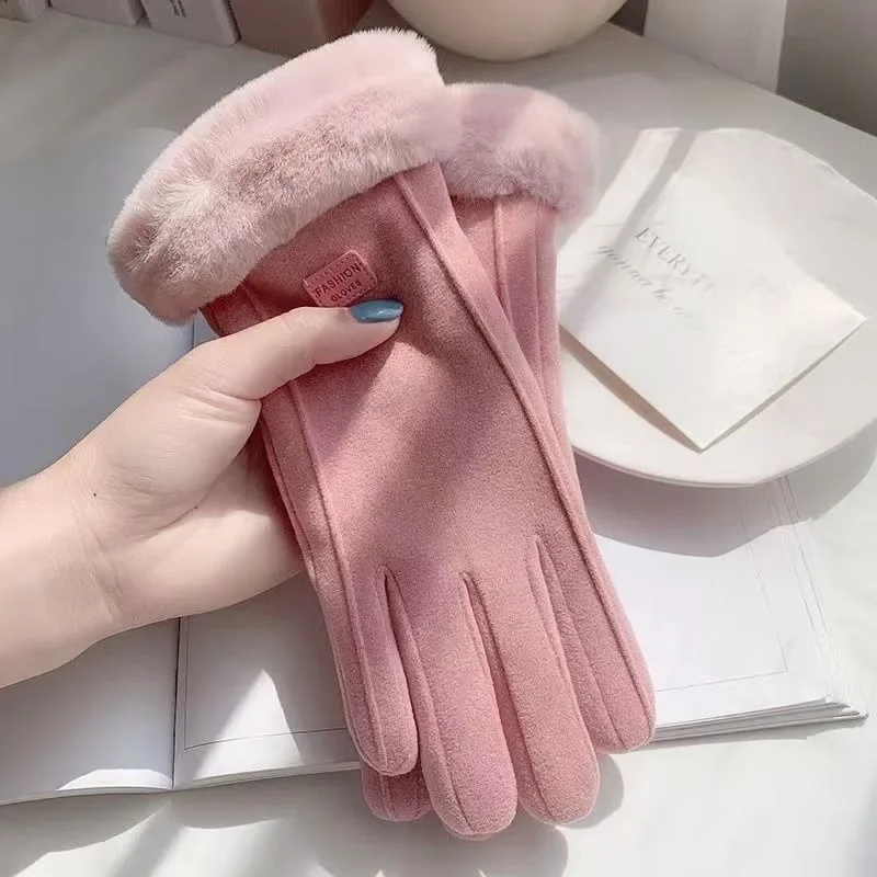 Women Winter Fleece Thickened Warm Cute Touch Screen Electric Vehicle Cold Proof Riding Gloves for Cycling Outdoor Sports