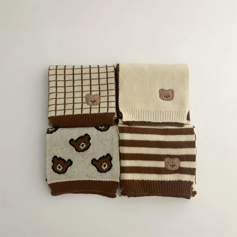 Embroidery Bow Kids Scarf Boy Girl Winter Warm Neck Cover Solid Color Woolen Knit Neckerchief Bowknot Children Scarves 120cm
