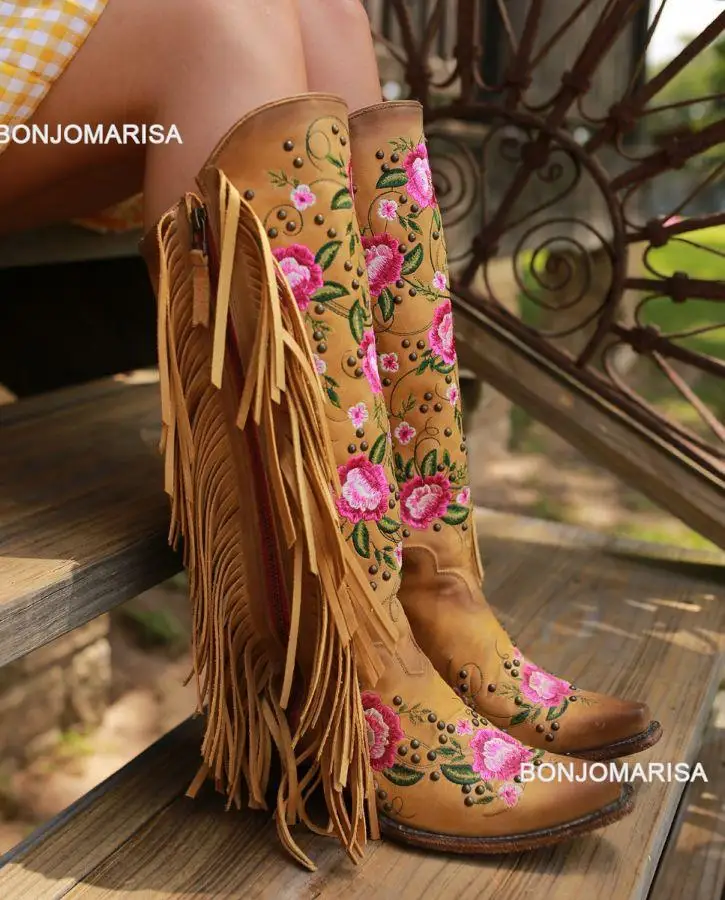 BONJOMARISA Cowboy Boots For Women Fringe Embroidery Flower Sweet Western Boots Cowgirls Roman Block High Heeled Shoes Autumn