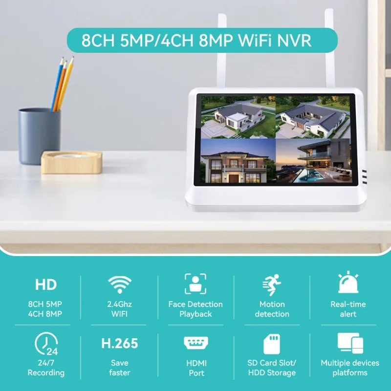 7-Inch LCD Screen 5MP 8CH/4CH Wireless Wifi NVR Security System Support AI Human Detection Audio Video Recorder iCSee Xmeye