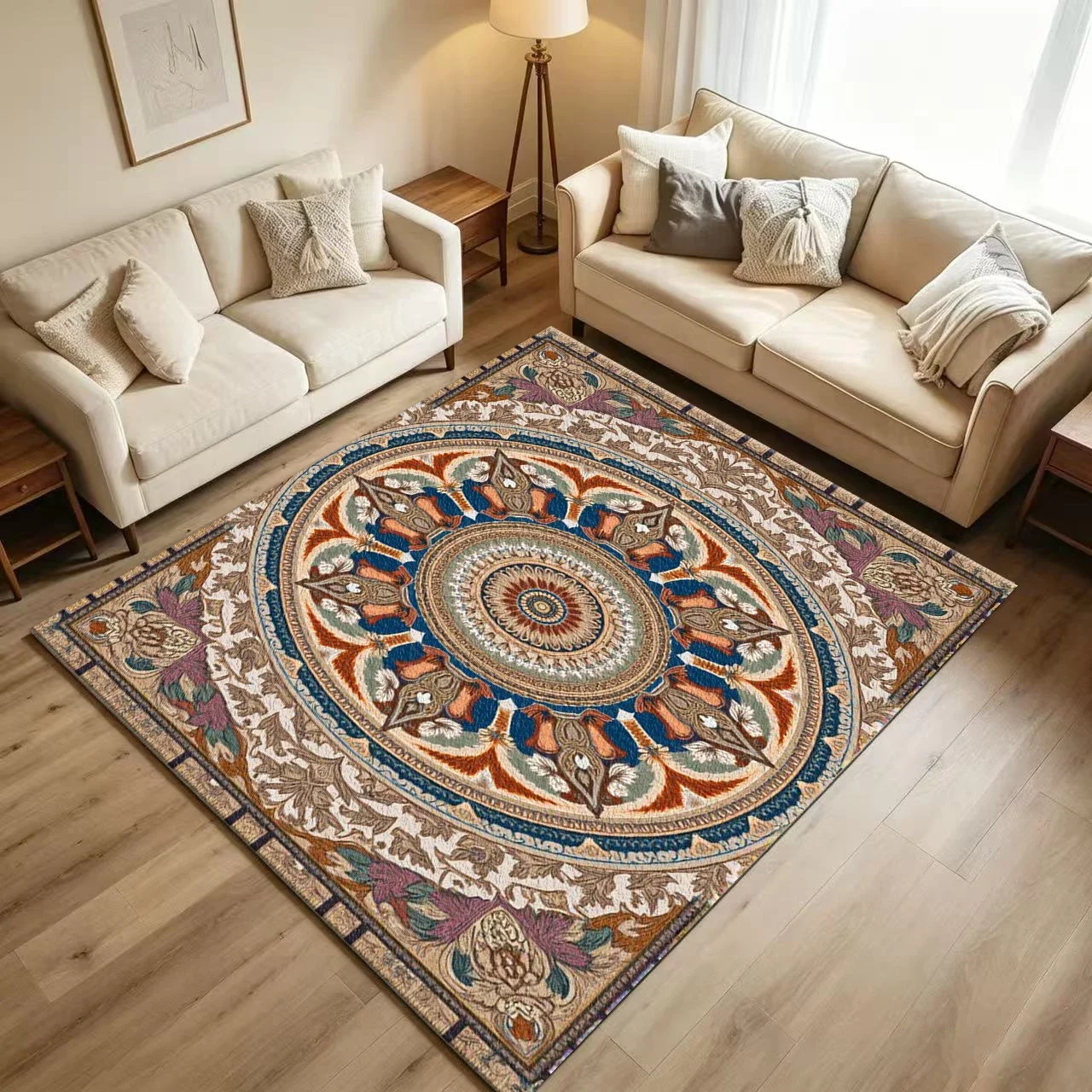 Vintage Mandala Bohemian Ornate Round Medallion Carpet Flooring Ethnic Retro Floral Scroll Symmetrical Border Art Pattern Printe