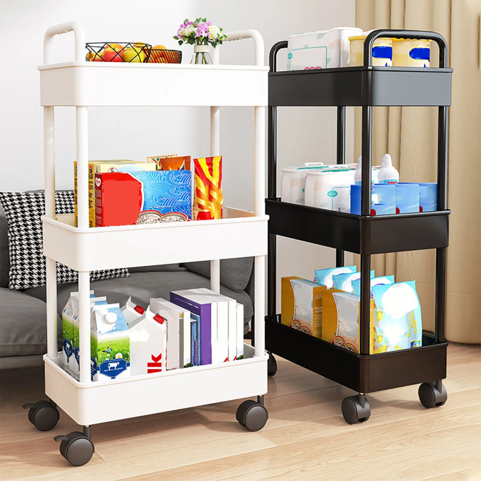 

3-Tier Plastic Organizer Rolling Cart Craft Cart Serving Trolley with Wheels Bath Ball Wipes Scissors Living Room Storage Rack