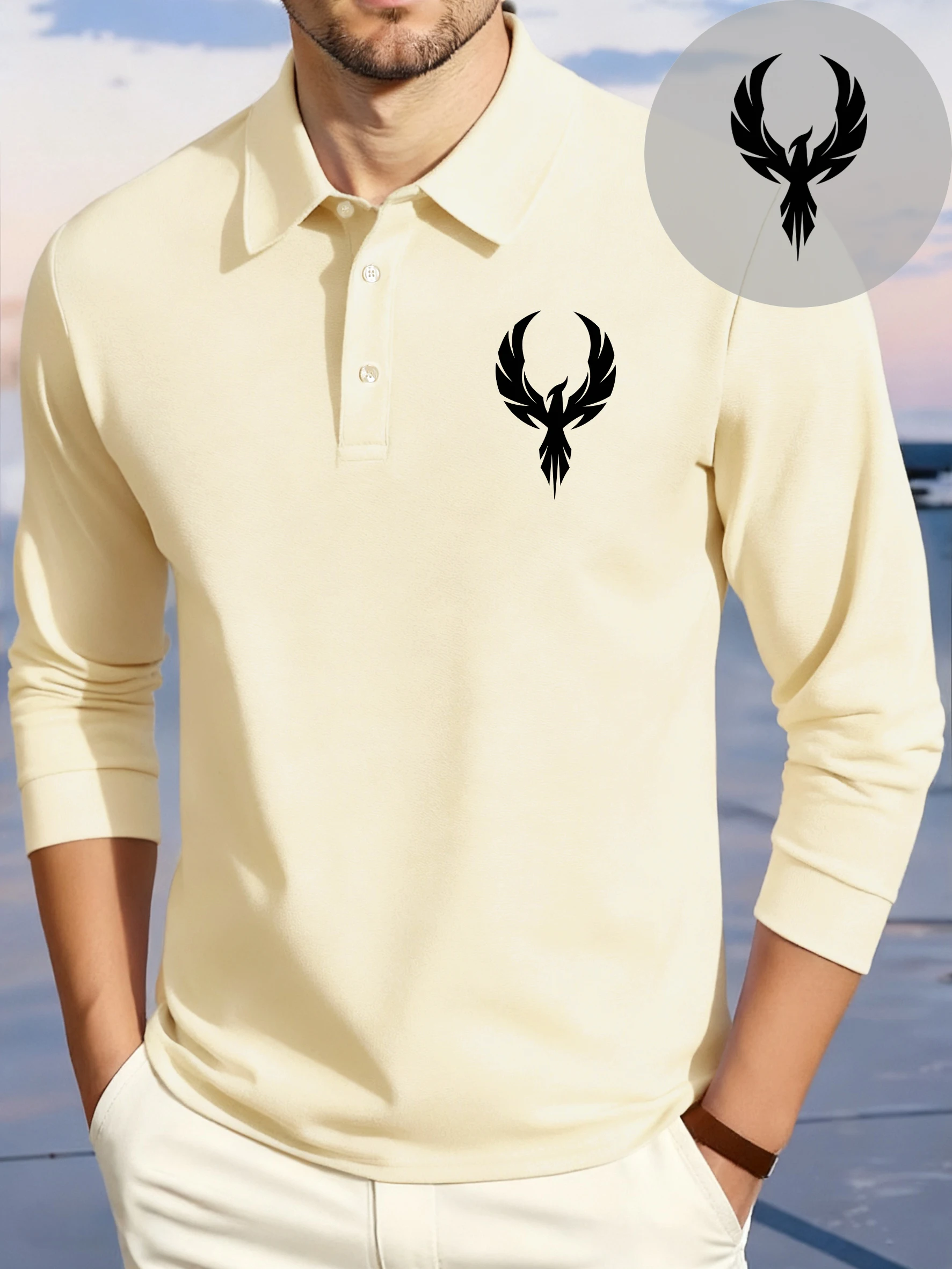 

Мужские рубашки поло с простым принтом и узором Феникса, осенняя мягкая модная универсальная спортивная одежда с длинными рукавами, повседневная флисовая мужская одежда