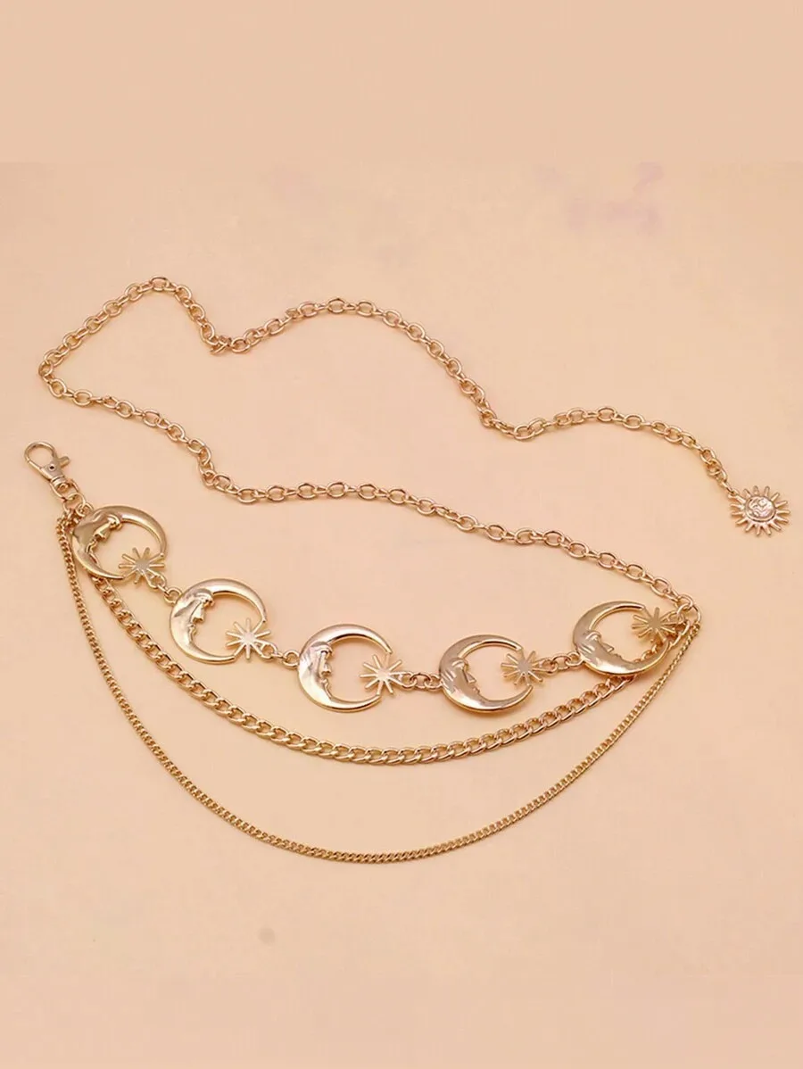 1pc Women's Metal Waist Chain, Versatile Moon Decor Waist Belt, Multi-Layer Metal Cinch Belt, Dress Up Accessory Waist Belt Summer, School Fall, Autumn, Halloween