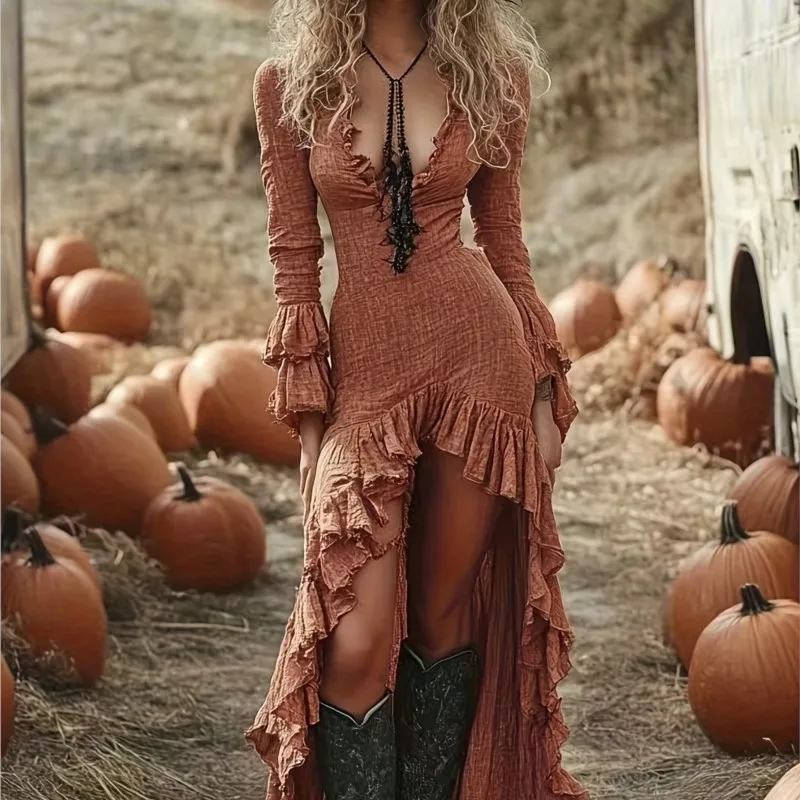 Abito sexy alla moda da donna primavera manica lunga scollo a V profondo midi Boho pieghettato fungo volant abiti clubwear irregolari per le donne