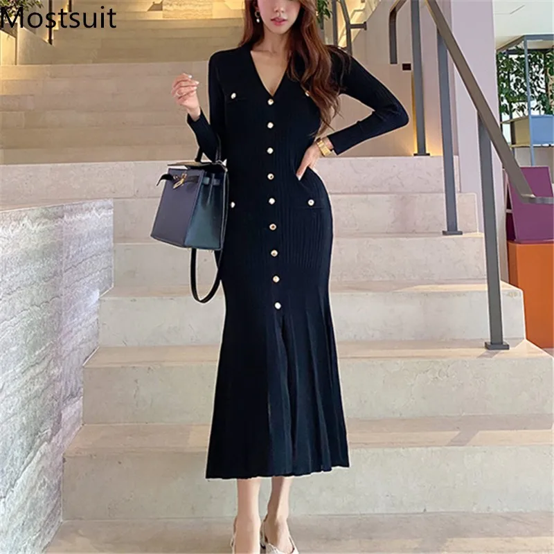 

Black Korean Sweater Dress For Women Single-breasted Full Sleeve V-neck Mermaid Long Dresses Elegant Vintage Ladies Vestido 2024