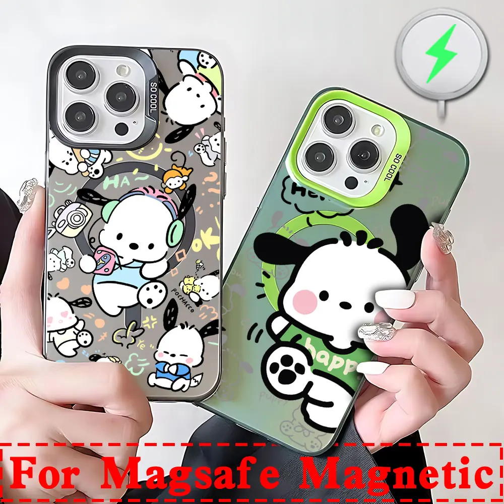 Music Pochacco Magsafe Magnetic Case for iPhone 11 12 13 14 15 16 Pro Max Plus Soft Silver Plated Anti Fall Cover