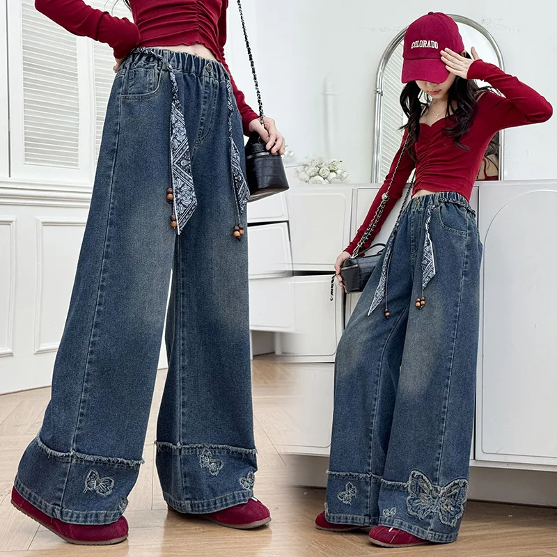 الفتيات أزياء الجينز ربيع الخريف نمط جديد المراهقين الأطفال المألوف مكبل فراشة التطريز واسعة الساق الدنيم السراويل #4