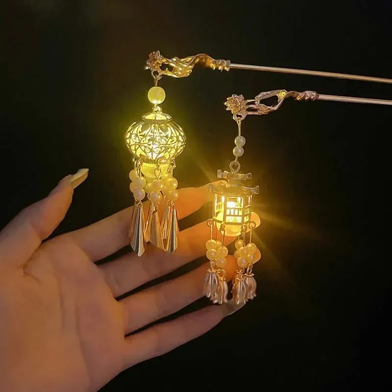 Chinese Style Luminous lantern Hair Sticks for Women Kids Retro Metal Lotus Flower Tassel Hair Pin Clips Hair Accessories