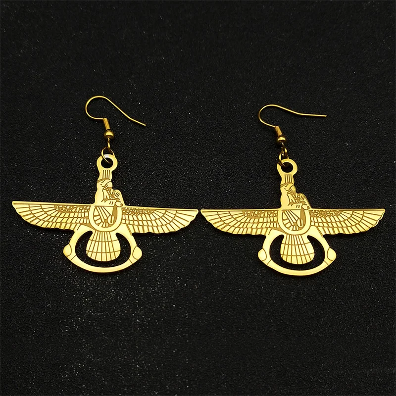 Stainless Steel Iran Faravahar Ahura Mazda Drop Earring For Men Women Gold Color Zoroastrian Hip Hop Hoop Earrings Jewelry Gift