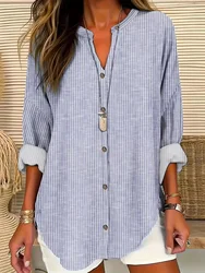 Plus Size Women's Blue Striped Printed Shirt Casual Loose and Simple Button Up Shirt Fashion V-neck Design Long Sleeved Shirt