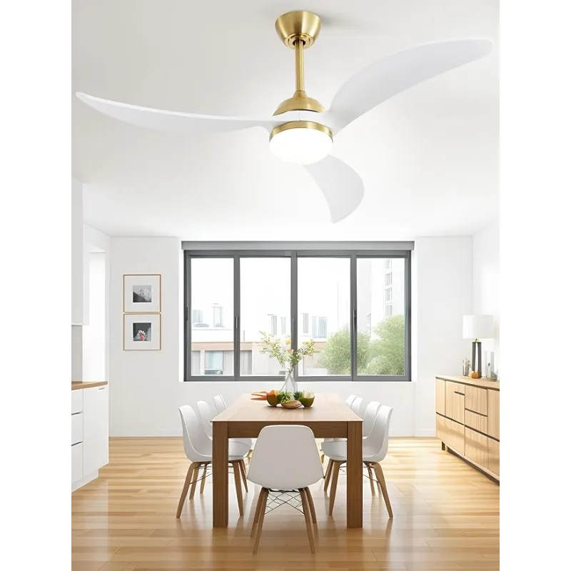 

52" Ceiling Fan with Lights Remote Control, 3 Poles for Indoor Outdoor Ceiling Fan with Remote, White Wood & Gold Downrod