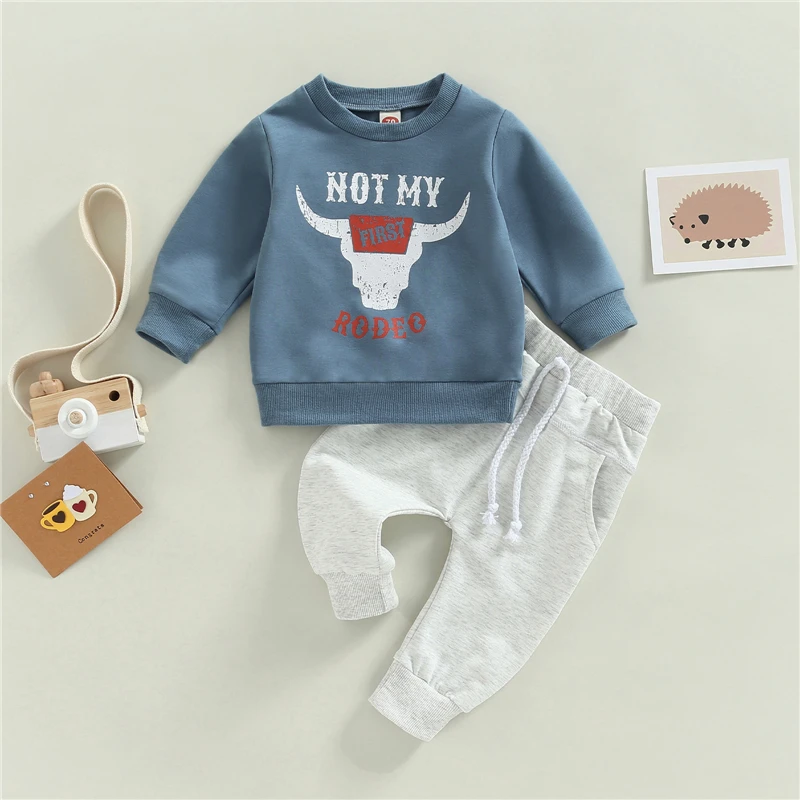 Toddler Boys Autumn Sport Clothes Kids Letter Cow Head Print Long Sleeve Sweatshirt + Baby Trousers Clothes Outfits