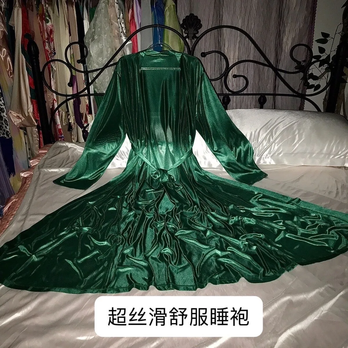

1.3-1.35m Glossy Women Satin Long Sleeve Dress Loose Maxi Dress Plus Size Sleeping Pajamas Robe