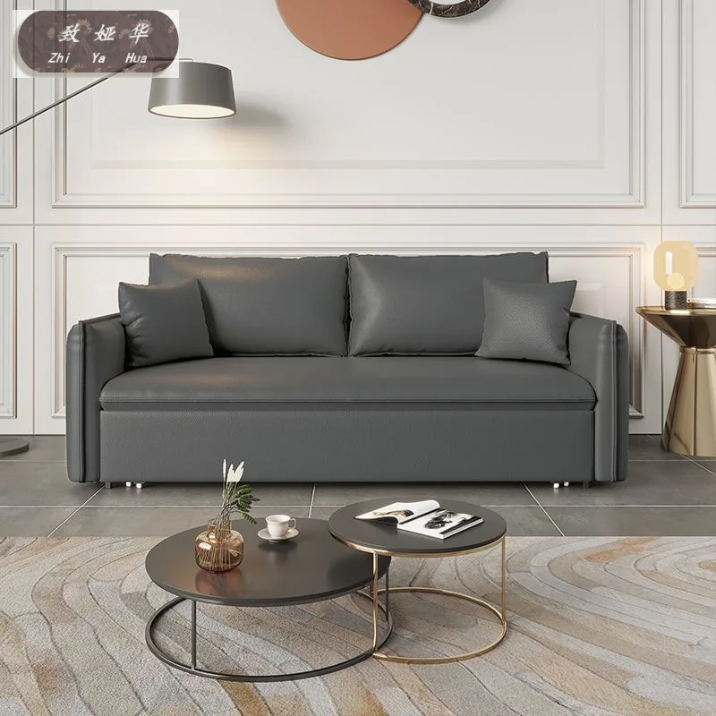Multifunctional living room double small apartment Nordic light luxury pull leather sofa bed leather folding integrated dual-use
