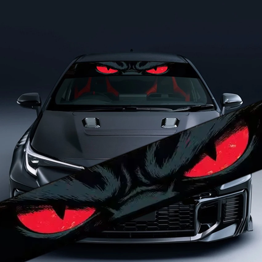 Car Windshield Sun Visor Banner Decal Evil Red Eyes Graphic Vinyl Sticker Self‑Adhesive Waterproof Auto Film Tuning Accessory